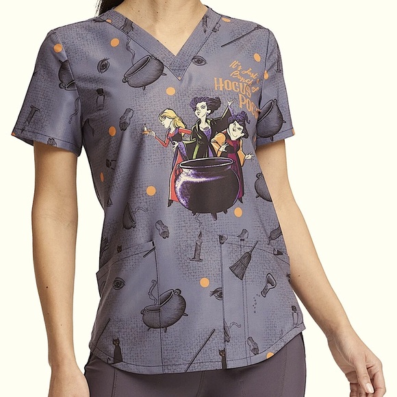 🔥SALE💥HOCUS POCUS CHEROKEE SCRUBS TOONIFORMS DISNEY V NECK TOP SZ LG EUC - Picture 10 of 12